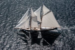 Columbia Classic Sailing Yacht Aerial Shot